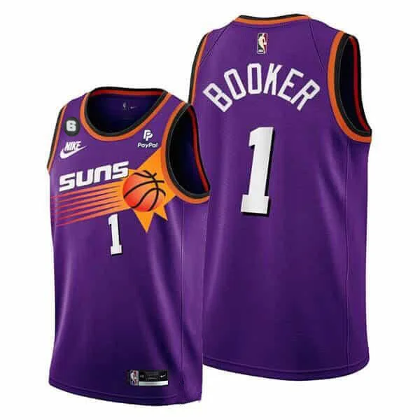 Men's Phoenix Suns #1 Devin Booker Purple With NO.6 Patch Stitched Basketball Basketball Jersey