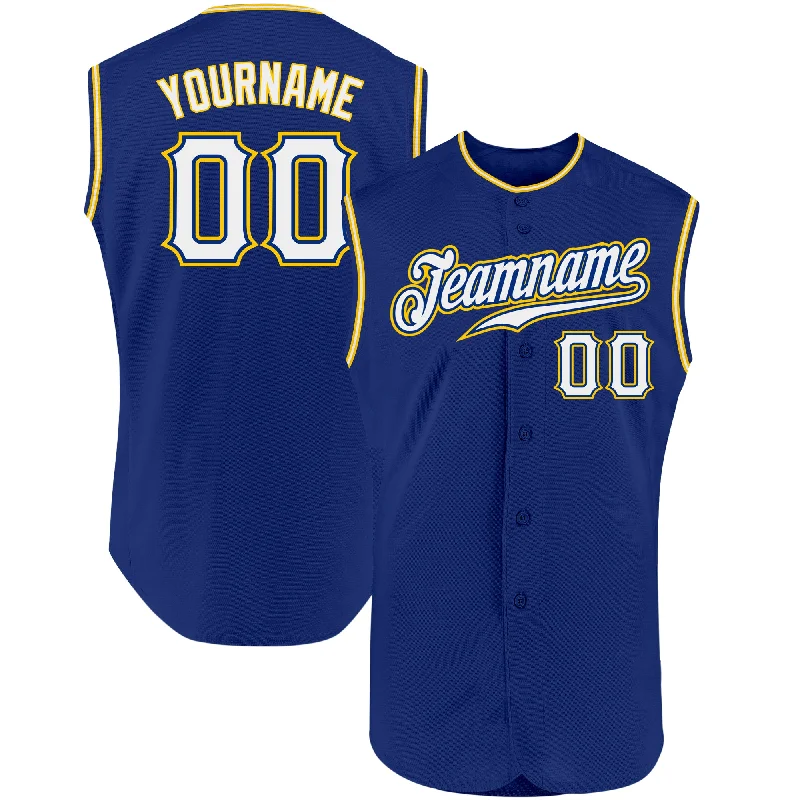 Custom Royal White-Gold Authentic Sleeveless Baseball Jersey