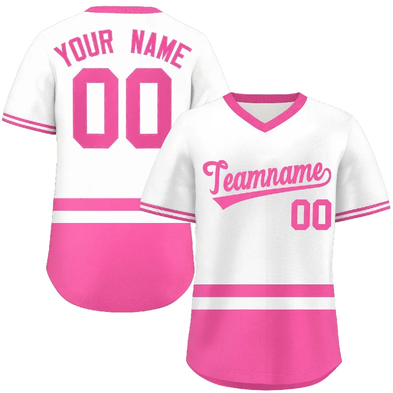 Custom White Pink Color Block Personalized V-Neck Authentic Pullover Baseball Jersey