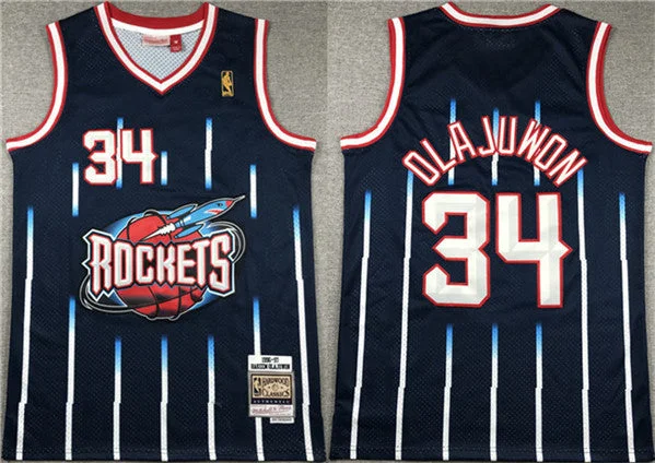 Men's Houston Rockets #34 Hakeem Olajuwon Navy 1996-97 Mitchell & Ness Hardwood Classics Swingman Stitched Basketball Basketball Jersey