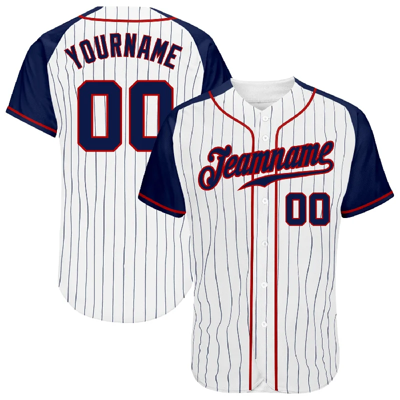 Custom White Navy Pinstripe Navy-Red Authentic Raglan Sleeves Baseball Jersey