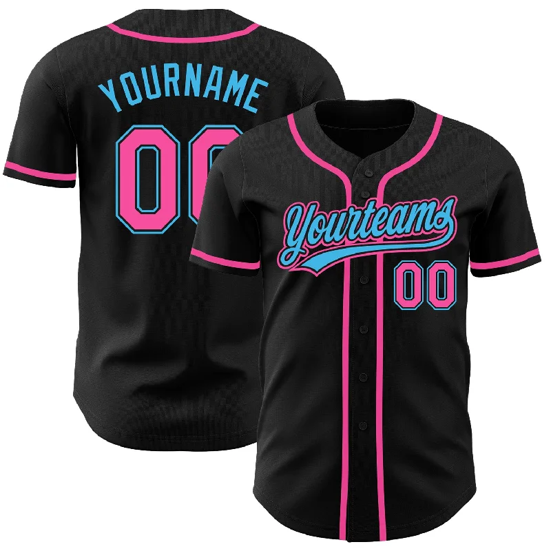 Custom Black Pink-Sky Blue Authentic Baseball Jersey