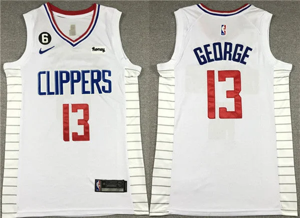 Men's Los Angeles Clippers #13 Paul George White With NO.6 Patch Stitched Basketball Jersey