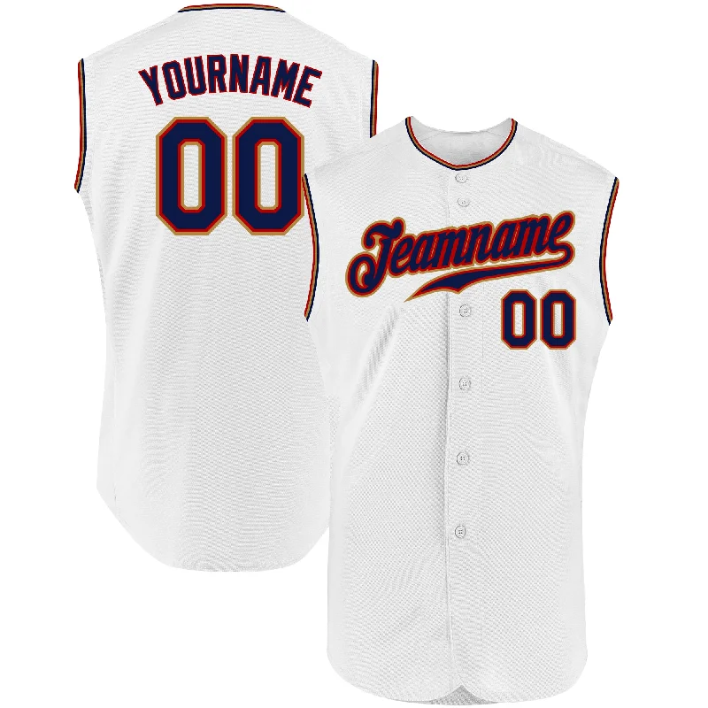 Custom White Navy-Old Gold Authentic Sleeveless Baseball Jersey