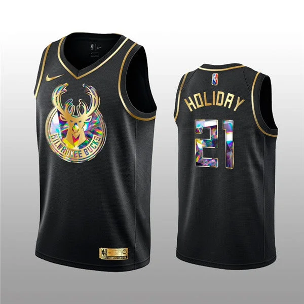 Men's Milwaukee Bucks #21 Jrue Holiday 2021/22 Black Golden Edition 75th Anniversary Diamond Logo Stitched Basketball Basketball Jersey