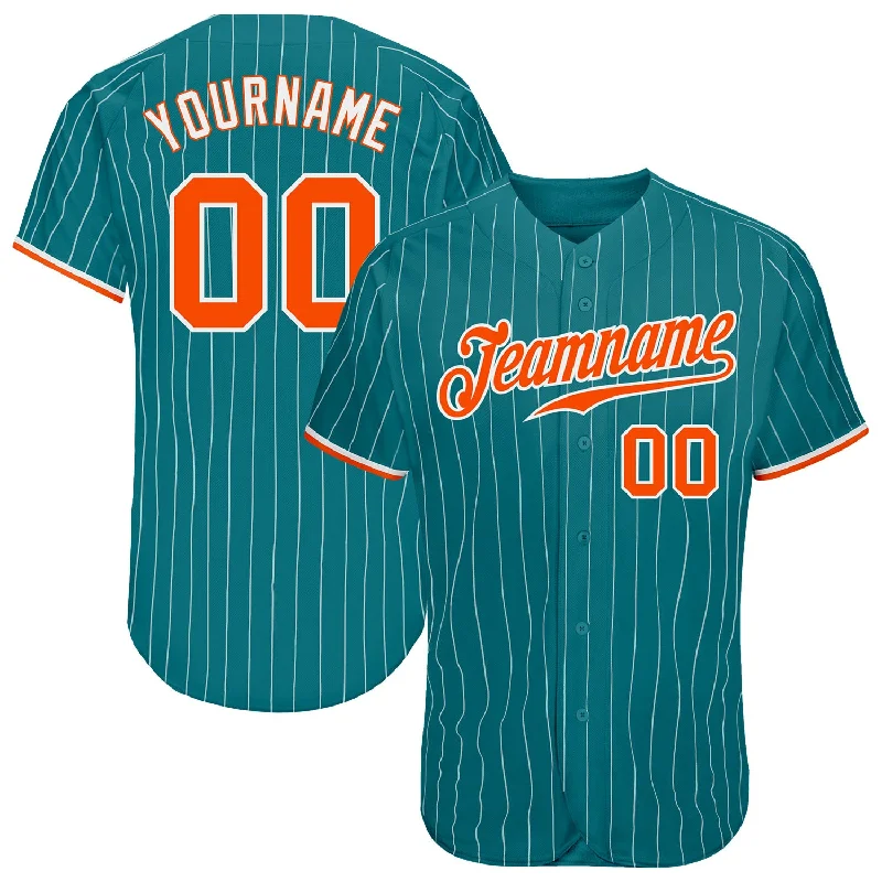 Custom Teal White Pinstripe Orange-White Authentic Baseball Jersey