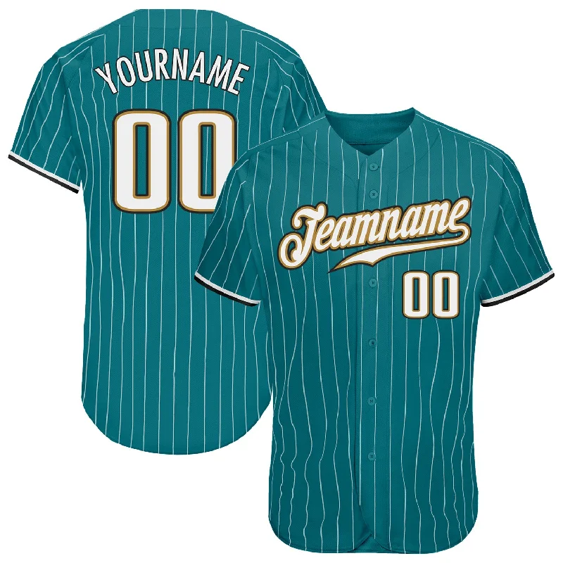 Custom Teal White Pinstripe White-Old Gold Authentic Baseball Jersey