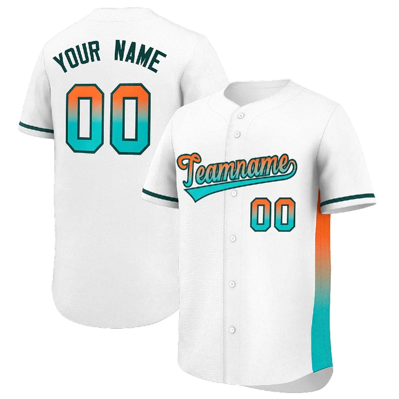 Custom White Orange-Aqua Personalized Gradient Font And Side Design Authentic Baseball Jersey