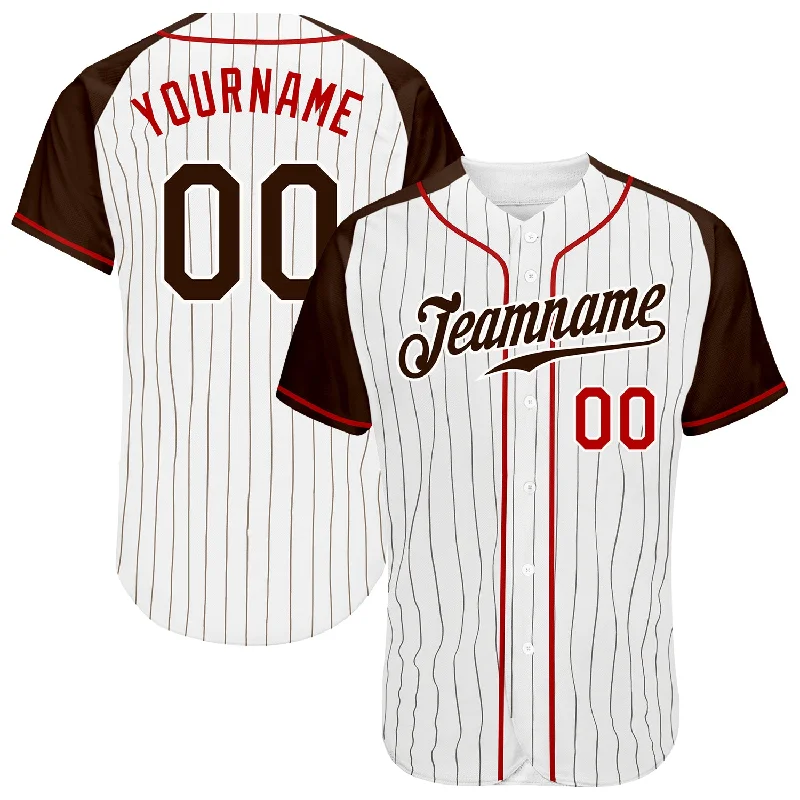 Custom White Brown Pinstripe Brown-Red Authentic Raglan Sleeves Baseball Jersey