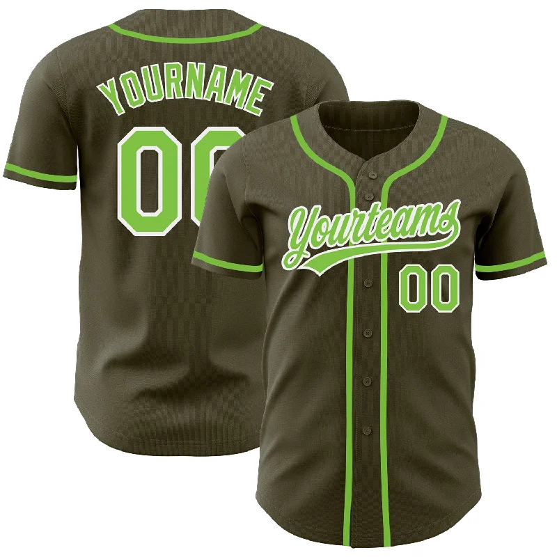 Custom Olive Neon Green-White Authentic Salute To Service Baseball Jersey