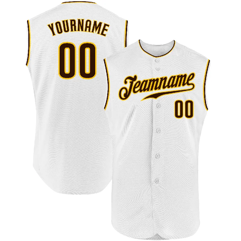 Custom White Brown-Gold Authentic Sleeveless Baseball Jersey