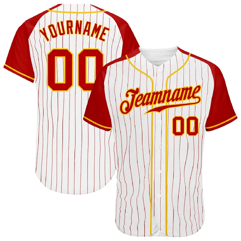 Custom White Red Pinstripe Red-Gold Authentic Raglan Sleeves Baseball Jersey