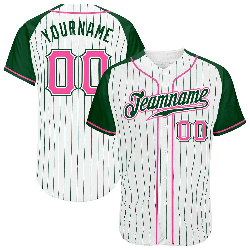 Custom White Green Pinstripe Pink-Green Authentic Raglan Sleeves Baseball Jersey