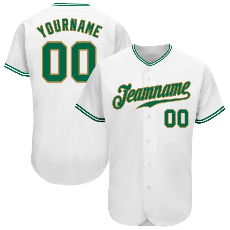 Custom White Kelly Green-Old Gold Authentic Baseball Jersey