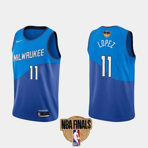 Men's Milwaukee Bucks #11 Brook Lopez 2021 Finals Blue City Edition Stitched Basketball Jersey