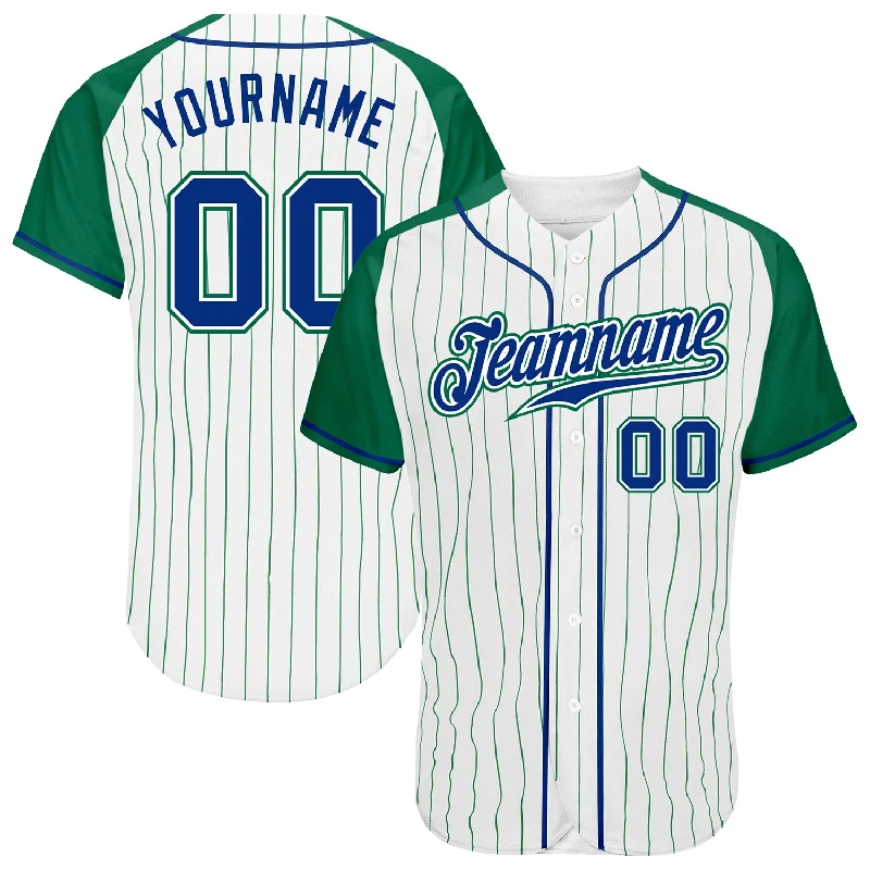 Custom White Kelly Green Pinstripe Royal-Kelly Green Authentic Raglan Sleeves Baseball Jersey