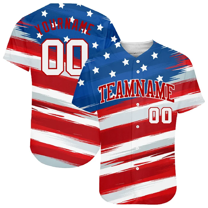 Custom Royal White-Red 3D American Flag Authentic Baseball Jersey