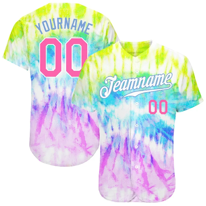 Custom Tie Dye Pink-Light Blue 3D Rainbow Authentic Baseball Jersey