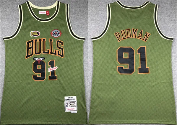 Men's Chicago Bulls #91 Dennis Rodman Green 1997-98 Throwback Stitched Basketball Basketball Jersey