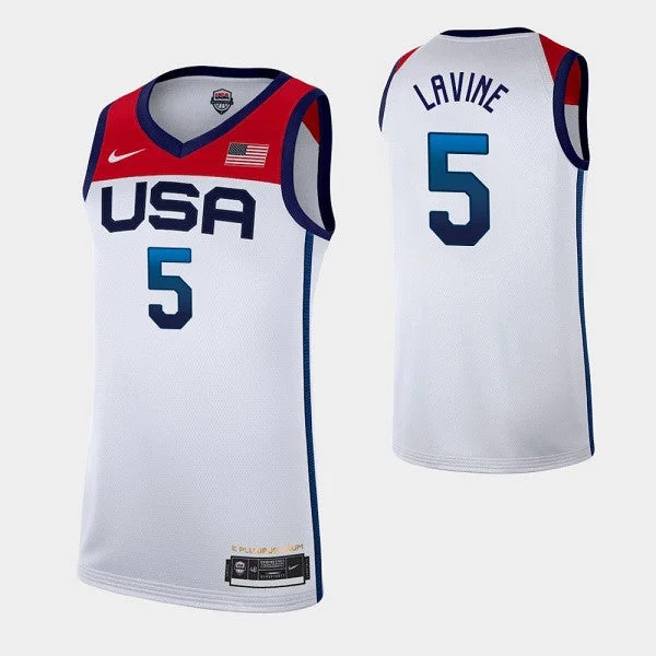 Men's USA Basketball #5 Zach LaVine 2021 White Olympics Stitched Home Basketball Jersey