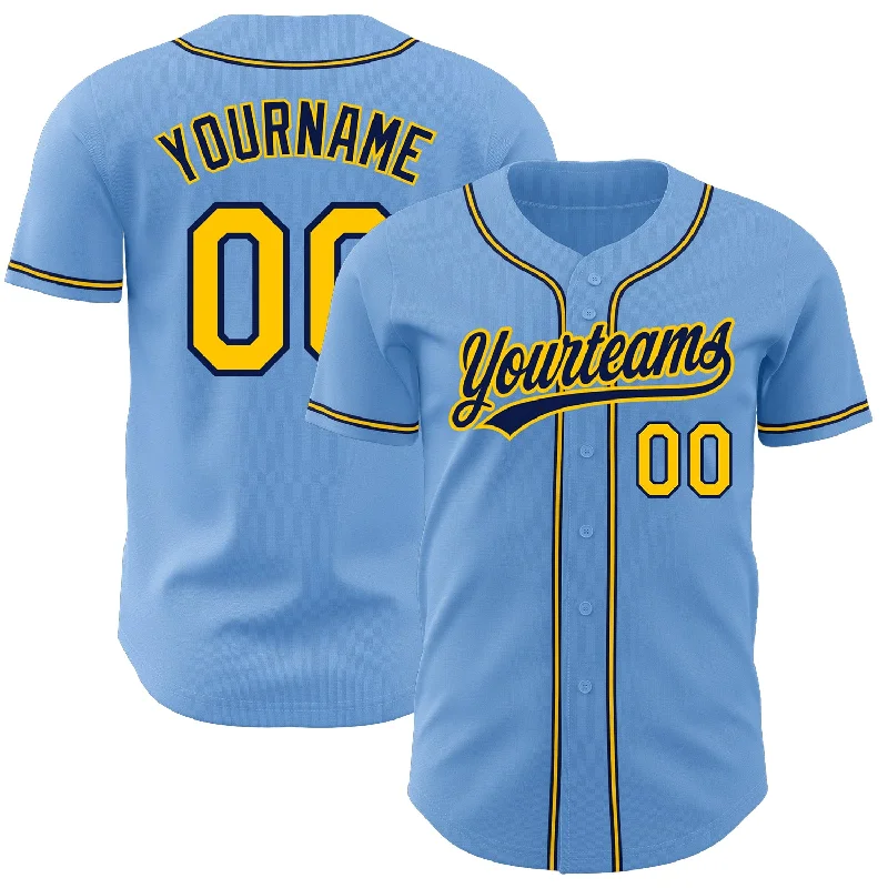 Custom Light Blue Gold-Navy Authentic Baseball Jersey