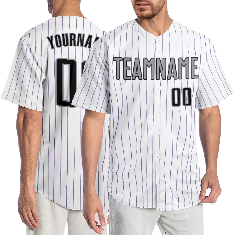 Custom White Purple Pinstripe Black-Gray Authentic Baseball Jersey