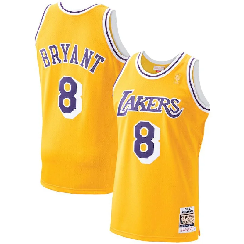 Men's Los Angeles Lakers #8 Kobe Bryant Mitchell & Ness 1996-1997 Gold Hardwood Classics Stitched Basketball Jersey