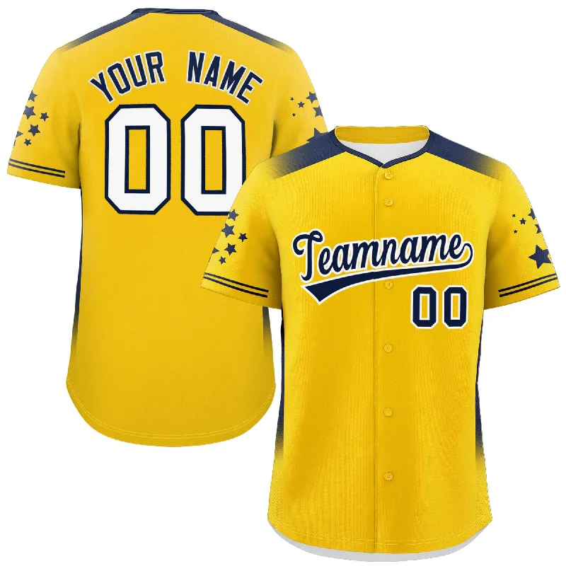 Custom Gold Navy Gradient Side Personalized Star Pattern Authentic Baseball Jersey