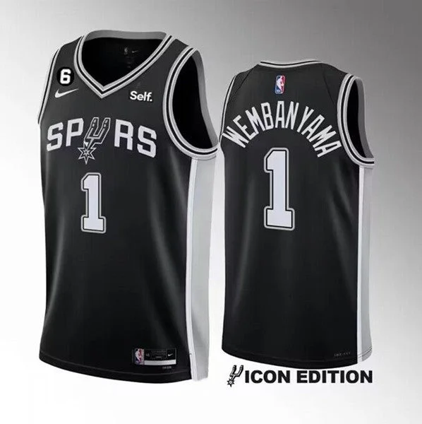 Men's San Antonio Spurs #1 Victor Wembanyama Black 2022/23 Icon Edition With NO.6 Patch Stitched Basketball Basketball Jersey