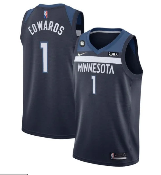 Men's Minnesota Timberwolves #1 Anthony Edwards Navy Icon Edition With NO.6 Patch Swingman Stitched Basketball Jersey