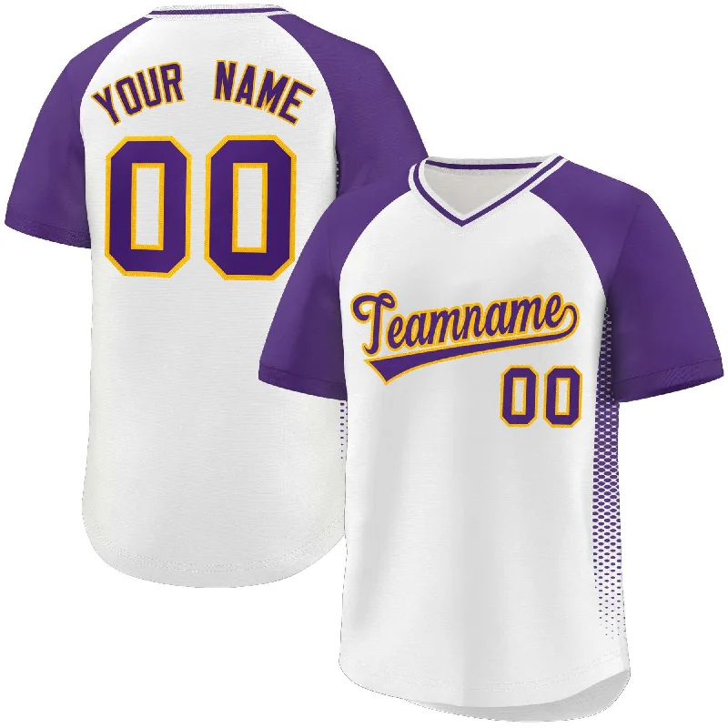 Custom White Purple Raglan Sleeves Side Spot Authentic Pullover Baseball Jersey