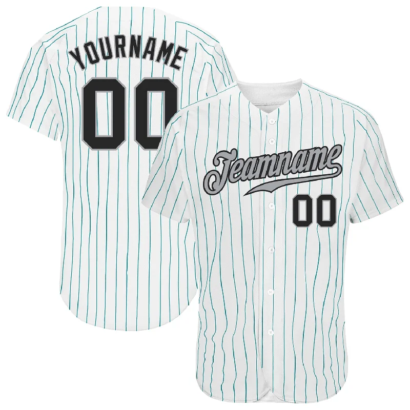 Custom White Teal Pinstripe Black-Gray Authentic Baseball Jersey