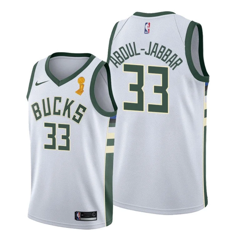 Men's Milwaukee Bucks #33 Kareem Abdul-Jabbar 2021 White Finals Champions Stitched Basketball Basketball Jersey