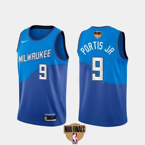 Men's Milwaukee Bucks #9 Bobby Portis JR 2021 Finals Blue City Edition Stitched Basketball Jersey