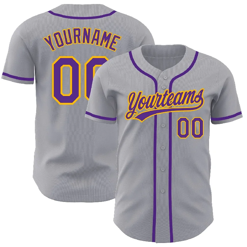 Custom Gray Purple-Gold Authentic Baseball Jersey