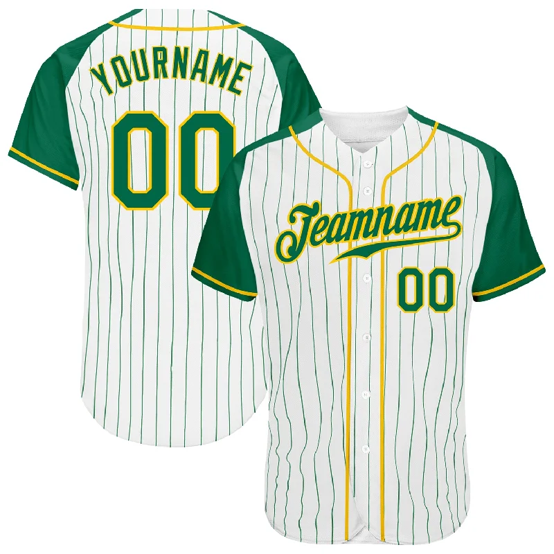 Custom White Kelly Green Pinstripe Kelly Green-Gold Authentic Raglan Sleeves Baseball Jersey