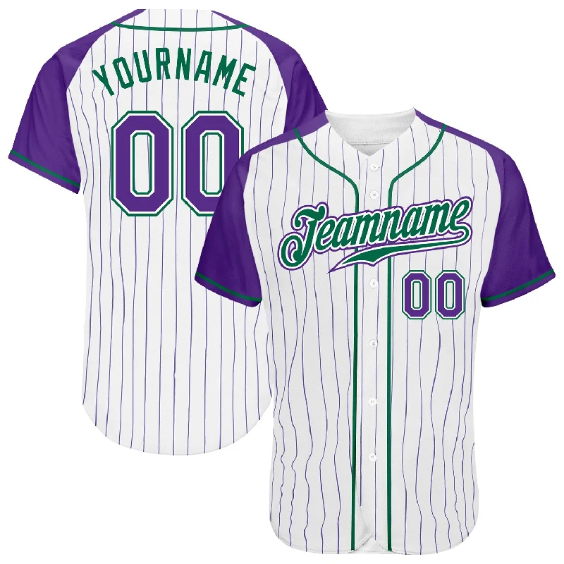 Custom White Purple Pinstripe Purple-Kelly Green Authentic Raglan Sleeves Baseball Jersey