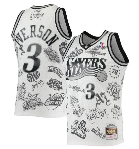 Men's Philadelphia 76ers #3 Allen Iverson Mitchell & Ness White 1997-98 Hardwood Classics Tattoo Swingman Stitched Basketball Basketball Jersey