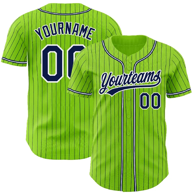 Custom Neon Green Navy Pinstripe Navy-White Authentic Baseball Jersey