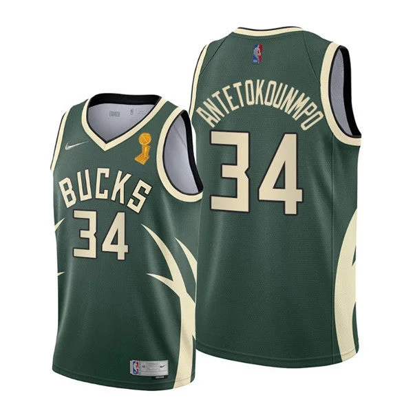 Men's Milwaukee Bucks #34 Giannis Antetokounmpo 2021 Green Finals Champions Stitched Basketball Basketball Jersey