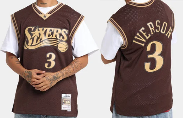 Men's Philadelphia 76ers #3 Allen Iverson Brown Swingman Stitched Basketball Jersey