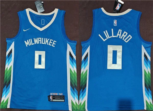 Men's Milwaukee Bucks #0 Damian Lillard Blue 2022-23 City Edition Stitched Basketball Basketball Jersey