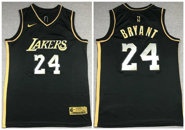 Men's Los Angeles Lakers #24 Kobe Bryant Black Gold Edition New Blue Silver Logo 2020-21 Stitched Basketball Jersey