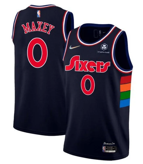 Men's Philadelphia 76ers #0 Tyrese Maxey Navy Icon Edition 75th Anniversary Stitched Swingman Basketball Jersey