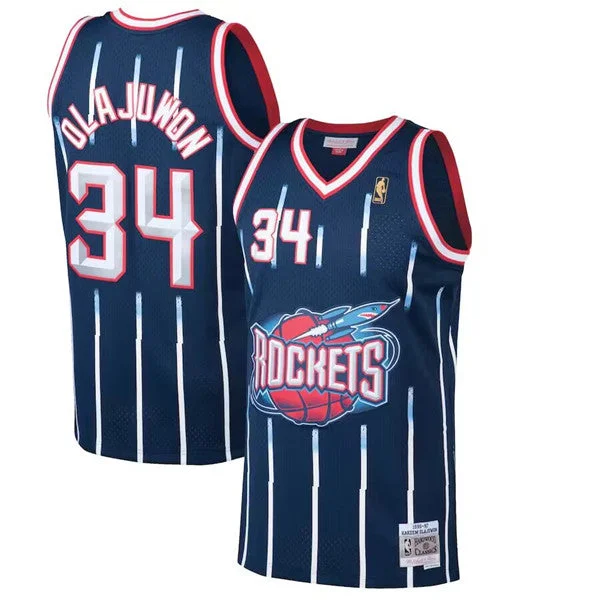 Men's Houston Rockets #34 Hakeem Olajuwon Navy 1996-97 Mitchell & Ness Hardwood Classics Swingman Stitched Basketball Jersey