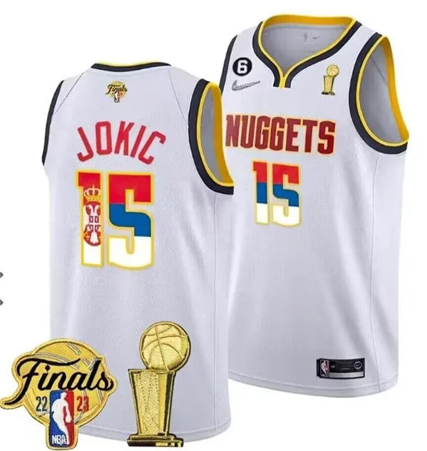 Men's Denver Nuggets #15 Nikola Jokic 2023 White Gold Serbia Flag Finals Champions With NO.6 Patch Stitched Basketball Basketball Jersey