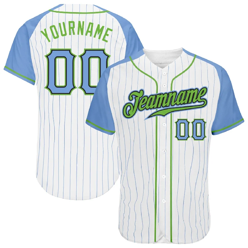 Custom White Light Blue Pinstripe Light Blue-Neon Green Authentic Raglan Sleeves Baseball Jersey