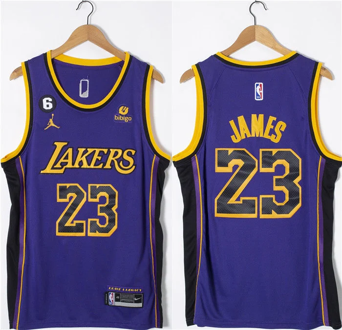 Men's Los Angeles Lakers #23 LeBron James Purple With NO.6 Patch Stitched Basketball Basketball Jersey