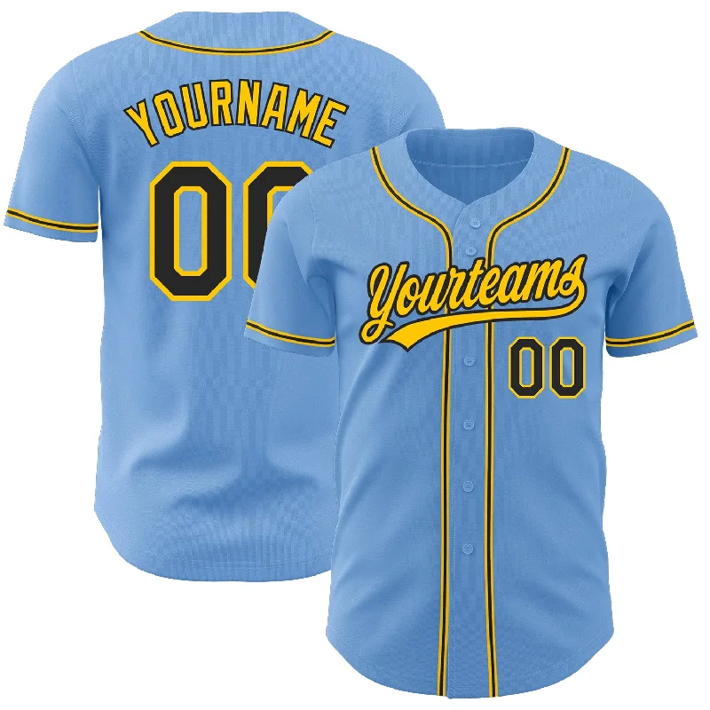 Custom Light Blue Black-Gold Authentic Baseball Jersey