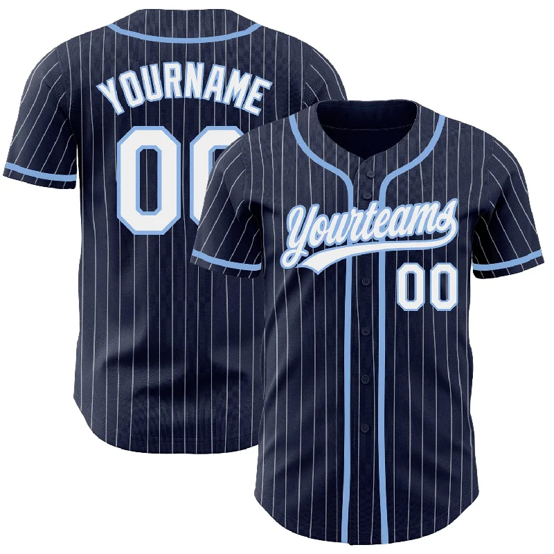 Custom Navy White Pinstripe White-Light Blue Authentic Baseball Jersey